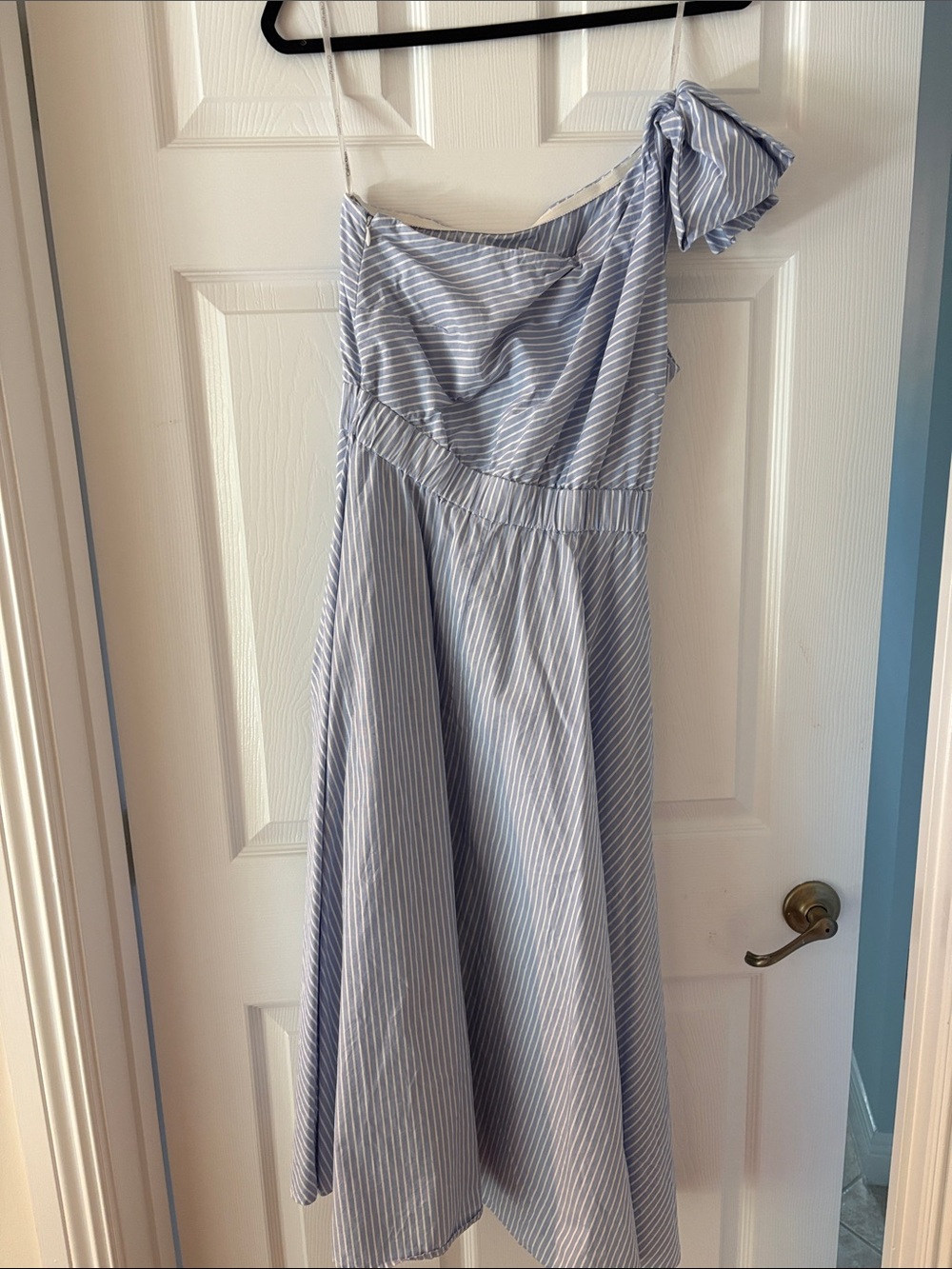 Calvin Klein Light Blue and White Striped One-Shoulder Dress